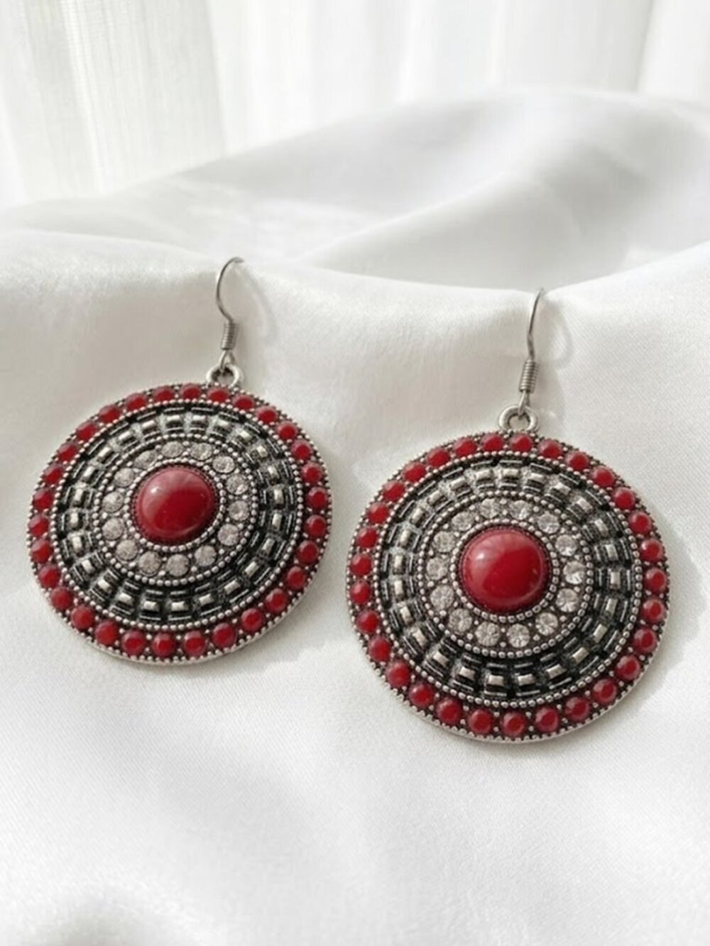 Red Aztec Round Earrings